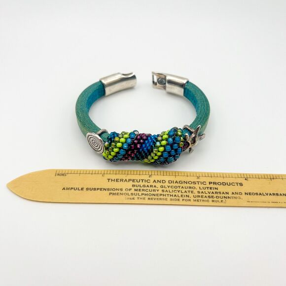 Leather Bracelet Partially Wrapped in Beads Nautical Theme Magnetic Closure - Picture 7 of 7